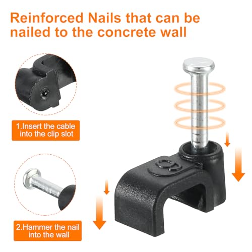 uxcell Cable Clips with Steel Nail, 100Pcs 6mm/0.24" Plastic Cable Wire Clips, Ethernet Cable Clips Nail in Cable Clips for Home Wires Cables Cords Management, Black - size: 6mm
