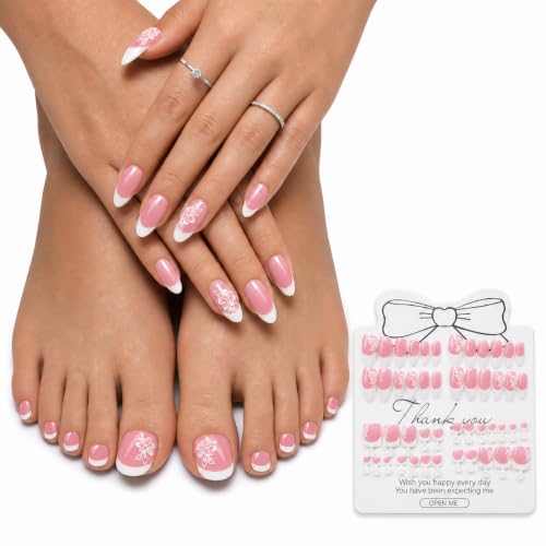 48pcs Pink French Tip Press on Nails and Toenails Set, Almond Fake Nails with White Flower Designs, Full Cover False Toe Nails Combo Kit, Sweet Floral DIY Manicure & Pedicure for Women - color: Flower Pink French