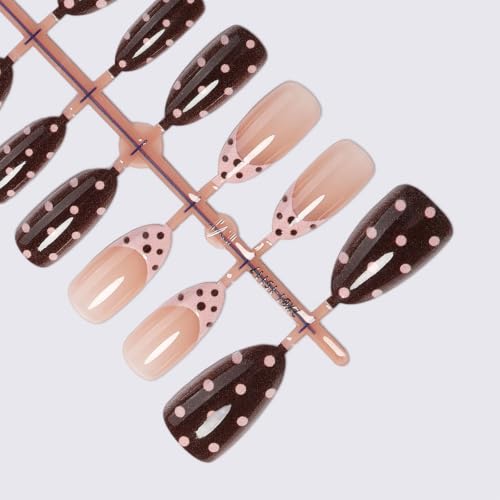 30Pcs Polka Dots Press on Nails Short Almond Fake Nails Pink French Tip - color: BD-Brown-14