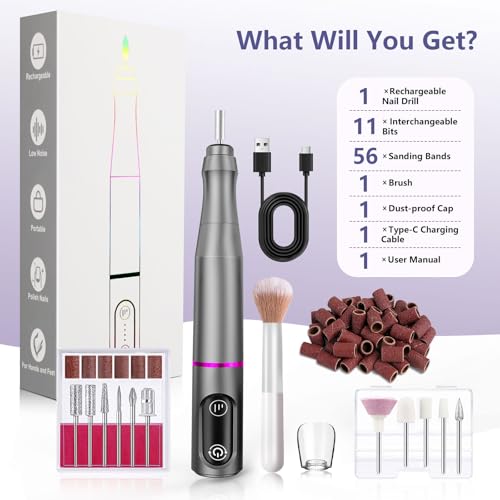 TUOBEO Cordless Nail Drill Electric Nail File Kit, Rechargeable Efile Set - color: Gray