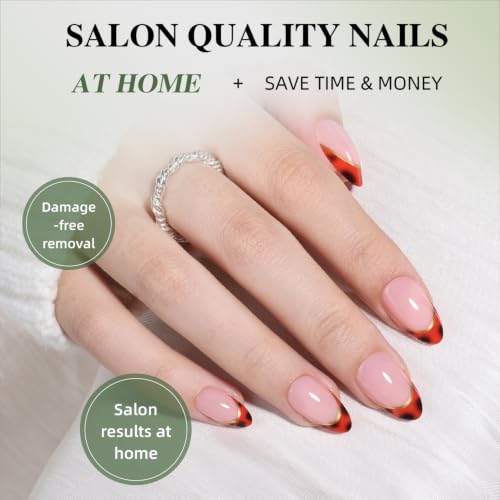 Red French Tip Press On Nails - French Tip Almond Fake Nails - color: 3D - Red French Gold Line