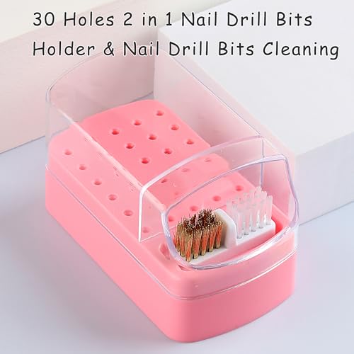 2 in 1 Nail Bit Holder & Cleaner 30 Holes Drill Bit Organizer - color: Pink