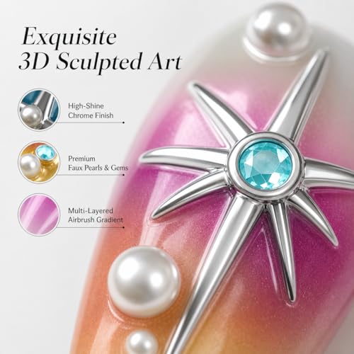 Y2K 3D Butterfly Press On Nails Almond, Gothic Gradient Shiny False Nails with Metallic Foil, Rhinestone & Pearl Details, Luxury Reusable Acrylic Fake Nails For Women(Size S) - color: ZXR311-S, size: S