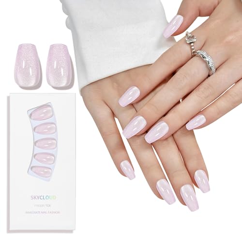 Cat Eyes Press On Nails,12 Sizes - 24 Pcs Soft Gel Purple Medium Coffin Fake Nails Kit with Nail Glue, Natural Reusable Stick On False Nails for Women and Girls (Skycloud Short Light Purple) SK0716 - color: Purple