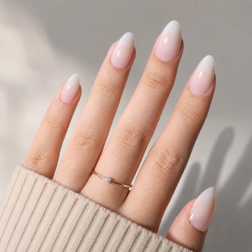 Milky White Press On Nails, Short Almond, Glossy Skin Tone Glue On Nails - color: B5-Light Nude