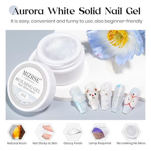 MIZHSE Solid Builder Gel, Aurora White Non-Sticky Hand Sculpting Gel for Nails, Mermaid Pearl 3D Nail Art Building Carving Modeling Hard Extension Soak Off U V LED Manicure Salon Home DIY 15g - color: 15g Aurora White