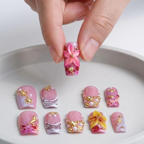 Press on Nails Medium Coffin Pink 3D Flower Handmade False Nalis - color: style18