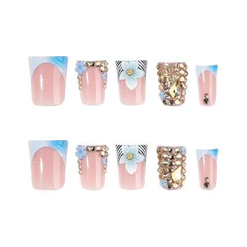 Medium Short Coffin Press On Nails, Blue 3D Flower, 24 Pcs - color: 105-Blush Blue Champagne