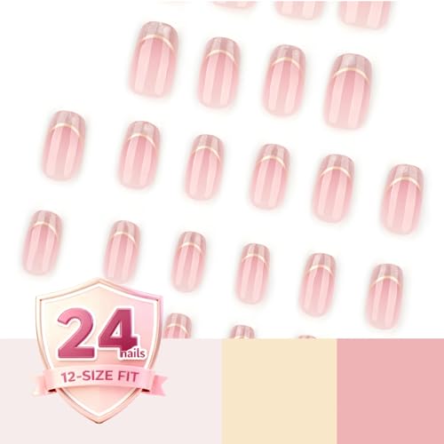 24 Pcs Pink Glitter French Tip Square Press On Nails - color: 0018-Pink with gold glitter