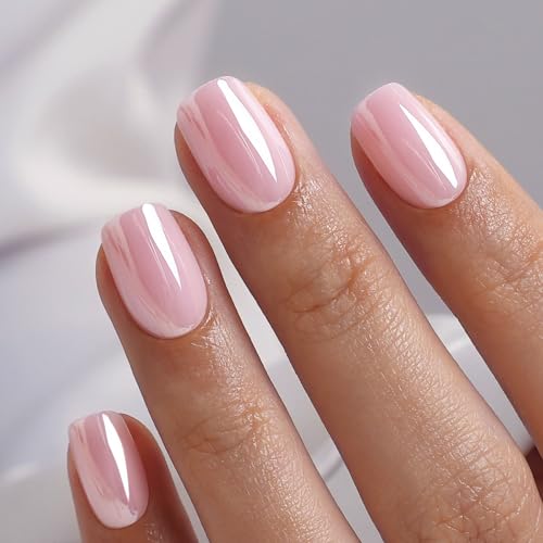 SHANGMENG Press on Nails, Square Short Light Pink Chrome Nails, Soft Gel - color: Blush Veil