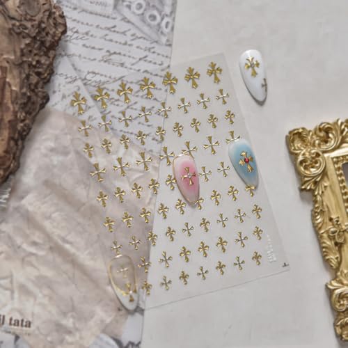 5D Embossed Nail Stickers, Premium Salon-Quality Self-Adhesive 3D Nail Art Decals, Refined Classic Designs for Easy DIY Manicure (Gold Cross) - color: Gold Cross