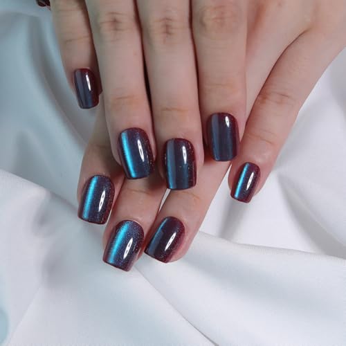 Teal Blue Cat Eye Press On Nails Short – Square Fake Nails with Color-Shifting Glow, Glossy Gel Acrylic Nails 15 Sizes, 30 Nails, Thick Reusable Glue On Nails for Daily Wear & Women Gifts - color: M11-Galaxy-Blue