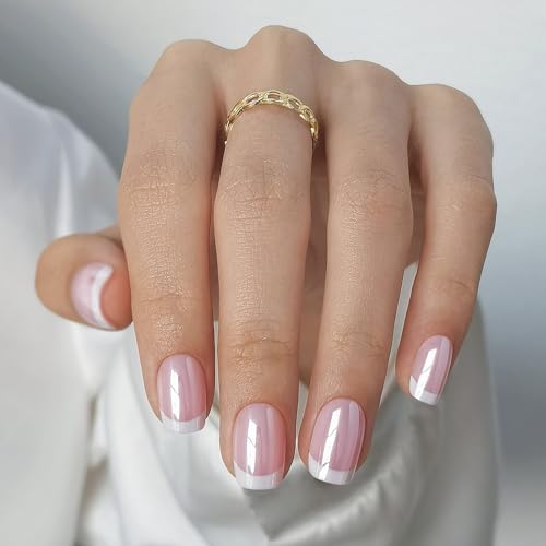 SHANGMENG Press on Nails, Square Short Chrome French Tip Nails, Soft Gel - color: Aurora French