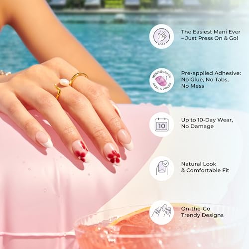 Kiss Impress No Glue Mani Press On Nails, Design, 'Sol', Pink, Medium Size, Coffin Shape, Includes 30 Nails, Prep Pad, 1 Manicure Stick, 1 Mini File