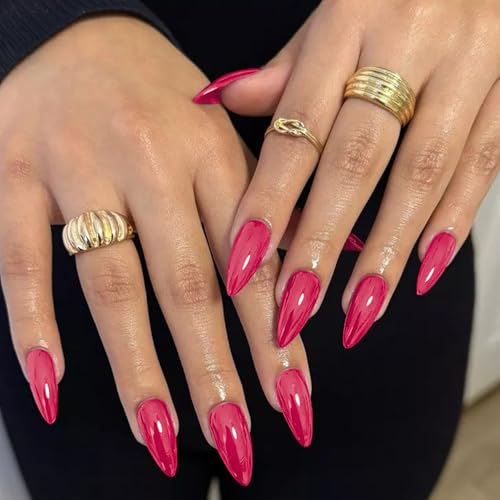 Berry Red Acrylic Press on Nails Almond Shaped Medium Fake Nails - color: 17-Berry Red