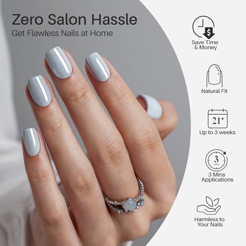 SHANGMENG Press on Nails, Square Short Blue Chrome Fake Nails, Soft Gel - color: Mercury Veil