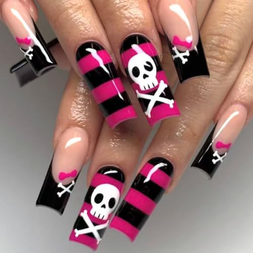 Halloween Long Square Press on Nails Coffin Pink Black Stripe 24Pcs - color: Halloween 2