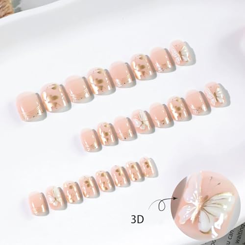 Short Square Press on Nails Gold Fake Nails Butterfly False Nails with Design Glossy Short Nail Press ons Full Cover Acrylic Nails for Women 24Pcs - color: style 35