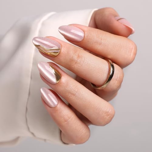 SHANGMENG Press on Nails, Almond Short 3D Rose Pink Cat Eye Nails, Soft Gel - color: Champagne Muse