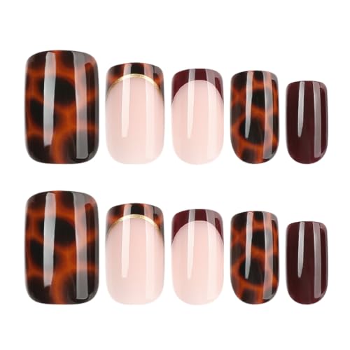 Tortoise Shell Press on Nails Brown Fake Nails French Tip False Nails - color: Style34