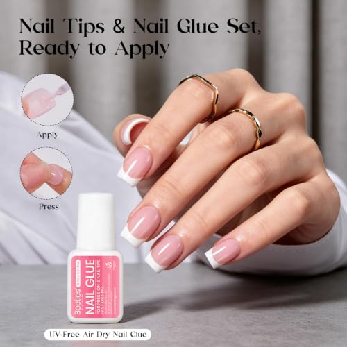 Beetles French Tip Press On Nails with Nail Glue, 150 Pcs Short Square - color: 1e - Tips & Glue - S