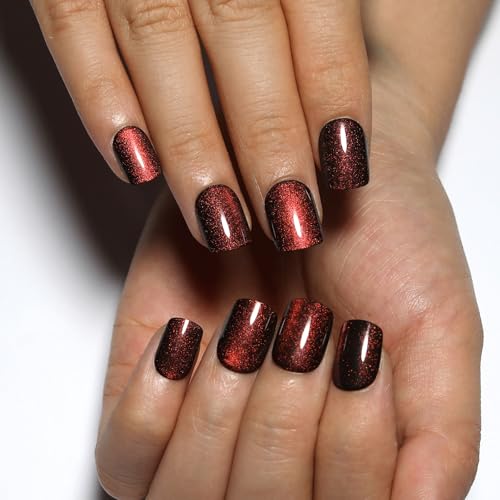 Wine Red Press On Nails Short – Square Cat Eye Fake Nails 30PCS - color: M05-Deep Burgundy Red - Crimson Spell