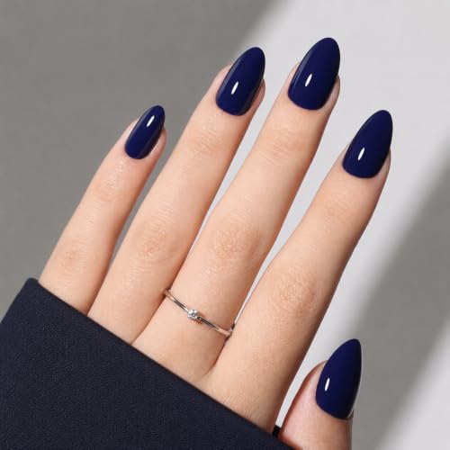 Navy Blue Press On Nails, Short Almond, Glossy Dark Blue Glue On Nails - color: D8-Navy Blue