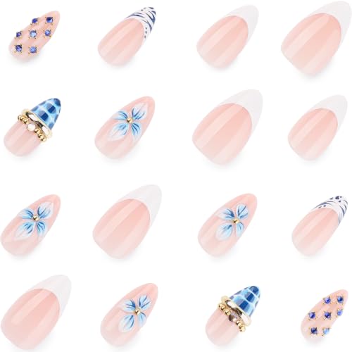Medium Almond Press On Nails, 3D Blue Flower French, 24 Pcs - color: 106-Blush Blue Pearl