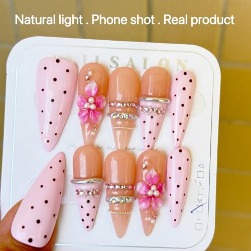 French Press On Nails Handmade Almond Long With Flower 10pcs - color: color08