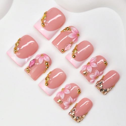 10 Pcs Flower Press on Nails Handmade Short Fake Nails 3D Pink White Flower Designs Rhinestone French Tips False Nails Press ons with Charms Designs Thick Square Acrylic Stick on Nail for Women (M) - color: 2703, size: M