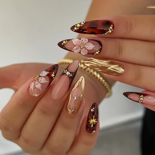 RUOKEXIN Long Press on Nails Almond Fake Nails French Tip False Nails with 3D Gold Designs Stiletto Nail Press ons Sparkly Artificial Nails for Women 24Pcs - color: Almond Style 11-13