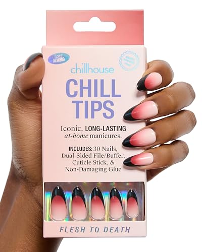 Chillhouse Chill Tips Signatures Press On Nails Kit, Flesh to Death - 30 Nail Shapes & Sizes, Dual-Sided Buffer & File, Cuticle Stick & Glue - Long-Lasting Nail Art Manicures - color: Flesh to Death