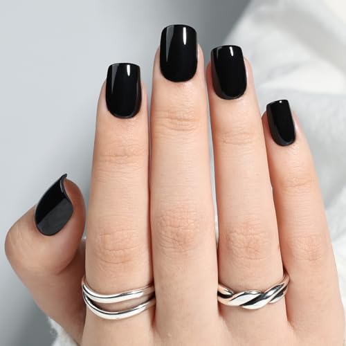 Black Press On Nails Square - Goth Short Square Fake Nails - color: 6C - Pure Black
