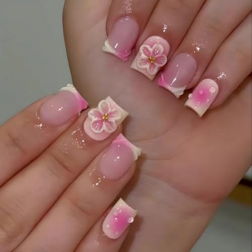 French Tip Press on Nails Square Short 3D Floral Water Drop Design - color: Ombre Pink