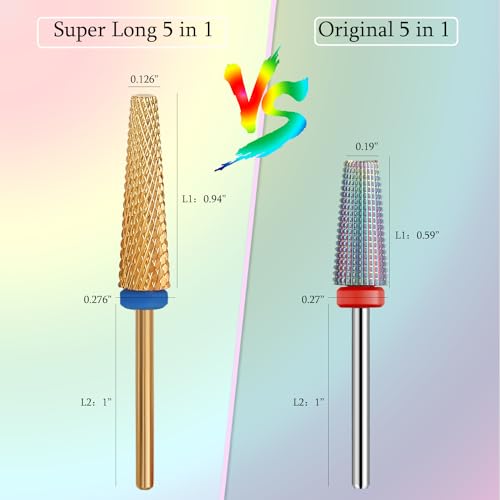 Super Long 5 in 1 Nail Drill Bits, Professional 3/32'' Carbide Tungsten Two Way Rotary Nail Cleaner Nail Bits, Suitable for Manicure Pedicure Cuticle Gel Polishing Acrylic Nails(Gold, Medium-M) - color: Gold, size: Medium-M