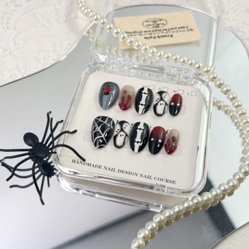 Halloween Press On Nails Short Almond Shape Gothic Fake Nails with Ghost Bone Blood Drip Spider Web Designs Reusable Horror Punk False Nails Glossy Full Cover Acrylic Nails Kit for Women 24Pcs - color: special Halloween-18