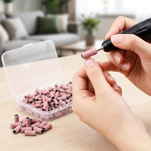 200 Pcs 180 Grit Pink Nail Sanding Bands 2 Mandrels Nail Drill Accessories