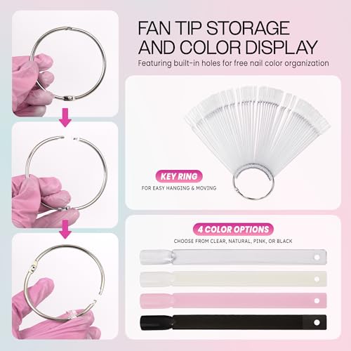 Beauticom 200 Clear Acrylic False Tip Sticks with Metal Ring Holders Fan-Shaped Nail Art Display Chart Practice Tips Tool - 200 Tips