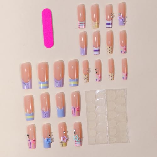 Coffin Press on Nails Long Pastel Plaid Fake Nails 24pcs - color: style-CL17