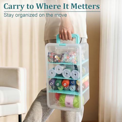 BTSKY Clear Plastic Dividing Storage Box with 4 Deep Compartment Sewing Box - size: 13.9x7.9x6.2 Inches-Clear