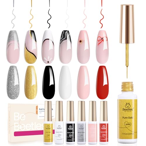 Beetles Gel Liner Nail Polish 6 Pcs White French Tip Glitters Gold Silver - color: D - Multicolor-6