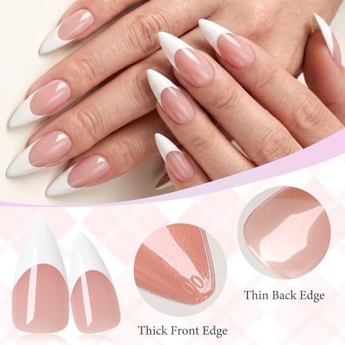 White French Tip Press on Nails,Long Stiletto Nails,Nude Base - color: White French Tips in Nude Base