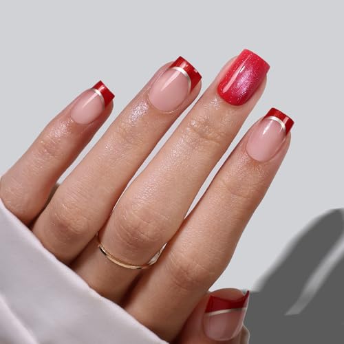 SHANGMENG Halloween Red French Mixed Cat eye Press on Nails Square Short - color: Muse Flame