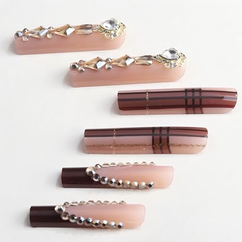 RUOKEXIN 24Pcs Extra Long Square Glitter False Nails with Rhinestones, Brown French Tip, Gold Glitter, Sparkly, Plastic, Glossy, Press On Nails for Women - color: Long Style-C7C2