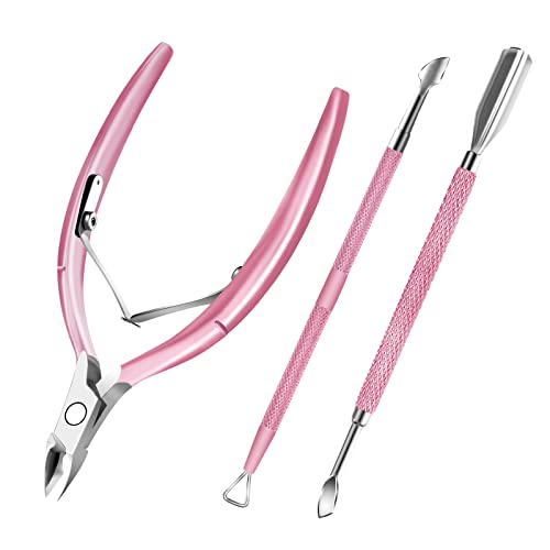 Cuticle Trimmer with Cuticle Pusher and Scissors, Cuticle Remover Professional Durable Pedicure Manicure Tools, Stainless Steel Cuticle Nipper Cutter Clipper for Fingernails and Toenails (Pink) - color: Pink
