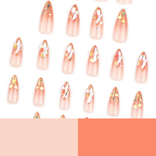 MISUD Press on Nails - Long Stiletto Glue on Nails with Orange Ombre, Acrylic Bling Glitter Rhinestone Design 24 pcs - color: 06122Orange