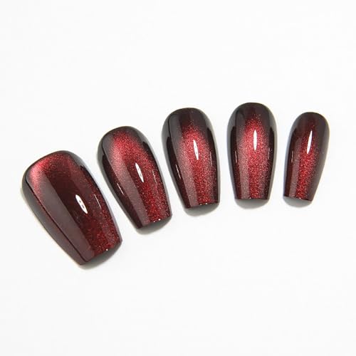 Burgundy Cat Eye Press On Nails Medium Coffin, Wine Red Glossy Fake Nails, Reusable Acrylic Glue On Nails for Women, Salon Quality Press Ons for Work, Party, Date Night and Gift, 32 Pcs - color: C2-Midnight Blaze