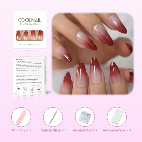 Coolnail Red Ombre Press on Nails Gradient UV Finish Design Medium Long Almond Shape False Fake Nail Pointed Reusable Nail Kit for Women - color: L5971