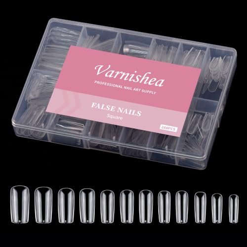Square Nail Tips 288 Pcs 12 Sizes, Pre-Etched Soft Gel Full Cover Nail Stickers, Transparent Press on Fake Nails for Home DIY, Nail Salons, Nail Art & Extension, Long Lasting Clear False Nails - size: Square