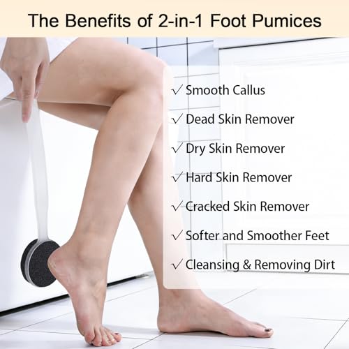 Double Sided Pumice Stone for Feet with Long Handle 13.7", Hard Skin Callus Remover, Foot Scrubber and Exfoliator Pedicure Tool with Sand Paper for Softer & Smoother Feet, Clear White - color: Black Pumice